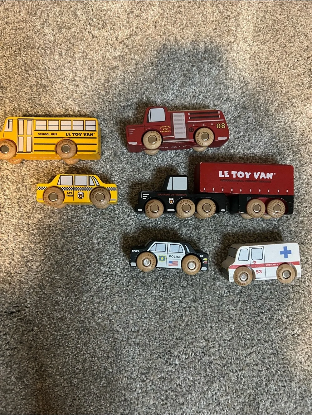 Kids Wooden Rescue & Service Vehicle Playset - Yellow, Red, Black, White